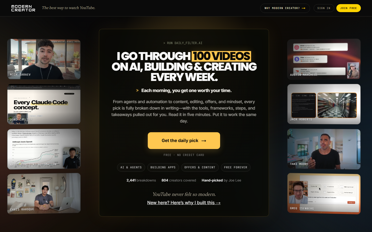Modern Creator, the free daily video-breakdown library, hand-picked by Joe Lee