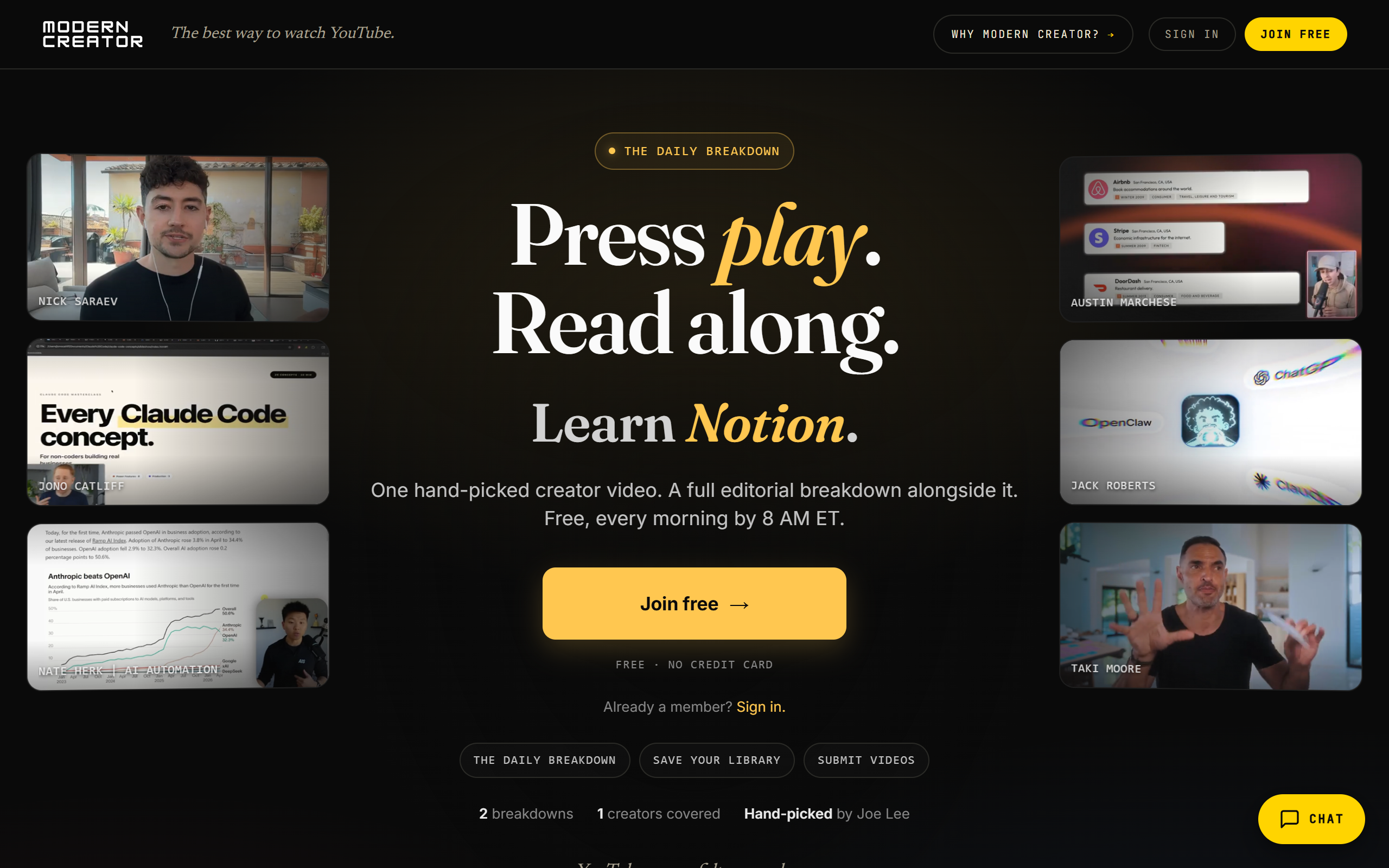 Modern Creator — the free daily video-breakdown library, hand-picked by Joe Lee